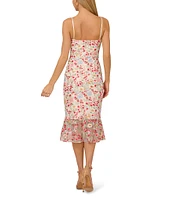 Adrianna by Adrianna Papell Embroidered Mesh Floral Print Square Neck Sleeveless Fit and Flare Midi Dress