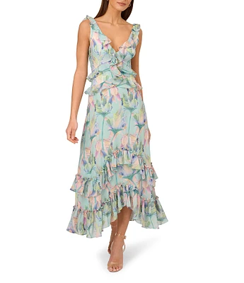 Adrianna by Adrianna Papell Floral Print Chiffon V-Neck Sleeveless Ruffle Trim Midi Dress