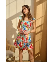 Adrianna by Adrianna Papell Floral Print Square Neck Sleeveless A-Line Mini Dress
