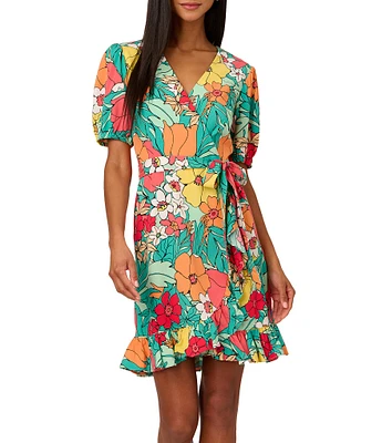 Adrianna by Adrianna Papell Floral Print Surplice V-Neck Short Sleeve Ruffle Hem Wrap Dress