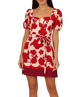 Adrianna by Adrianna Papell Floral Print Sweetheart Neck Short Puff Sleeve Belted A-Line Dress