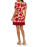 Adrianna by Adrianna Papell Floral Print Sweetheart Neck Short Puff Sleeve Belted A-Line Dress