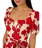 Adrianna by Adrianna Papell Floral Print Sweetheart Neck Short Puff Sleeve Belted A-Line Dress