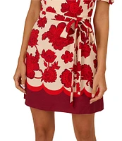 Adrianna by Adrianna Papell Floral Print Sweetheart Neck Short Puff Sleeve Belted A-Line Dress