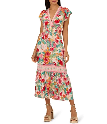 Adrianna by Adrianna Papell Floral V-Neckline Flutter Cap Sleeve Midi Dress