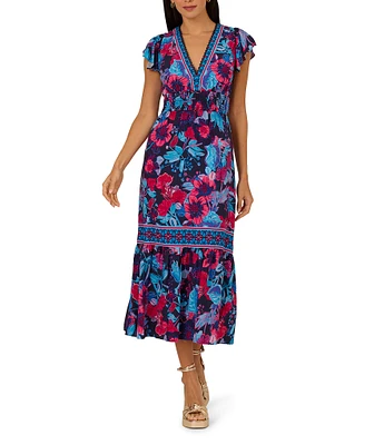 Adrianna by Adrianna Papell Floral V-Neckline Flutter Cap Sleeve Midi Dress