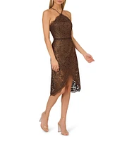 Adrianna by Adrianna Papell Foil Lace Halter Neck Sleeveless High Low Scallop Hem Midi Dress