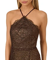 Adrianna by Adrianna Papell Foil Lace Halter Neck Sleeveless High Low Scallop Hem Midi Dress