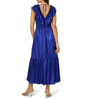 Adrianna by Adrianna Papell Foiled Chiffon V-Neck Cap Sleeve Ruffle A-Line Midi Dress