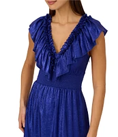 Adrianna by Adrianna Papell Foiled Chiffon V-Neck Cap Sleeve Ruffle A-Line Midi Dress