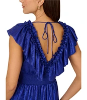 Adrianna by Adrianna Papell Foiled Chiffon V-Neck Cap Sleeve Ruffle A-Line Midi Dress