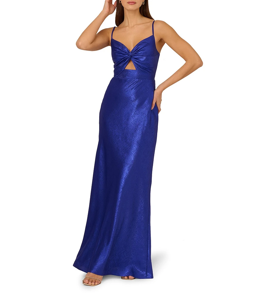 Adrianna by Adrianna Papell Foiled Chiffon V-Neck Sleeveless Front Twist Cutout Mermaid Dress