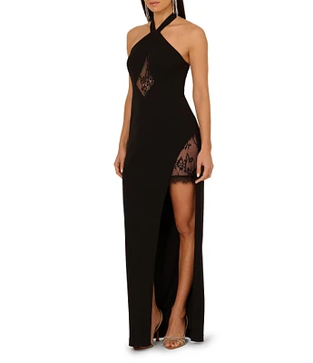 Adrianna by Adrianna Papell Halter Neck Lace Insert Knit Crepe Column Gown