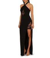 Adrianna by Adrianna Papell Halter Neck Lace Insert Knit Crepe Column Gown