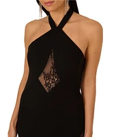 Adrianna by Adrianna Papell Halter Neck Lace Insert Knit Crepe Column Gown