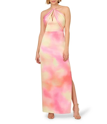 Adrianna by Adrianna Papell Keyhole Neck Sleeveless Tie Dye Printed Sateen Column Gown