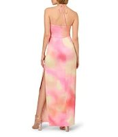 Adrianna by Adrianna Papell Keyhole Neck Sleeveless Tie Dye Printed Sateen Column Gown