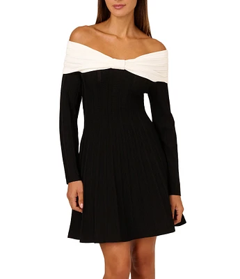 Adrianna by Adrianna Papell Knit Colorblock Off-The-Shoulder Neck Long Sleeve A-Line Mini Dress