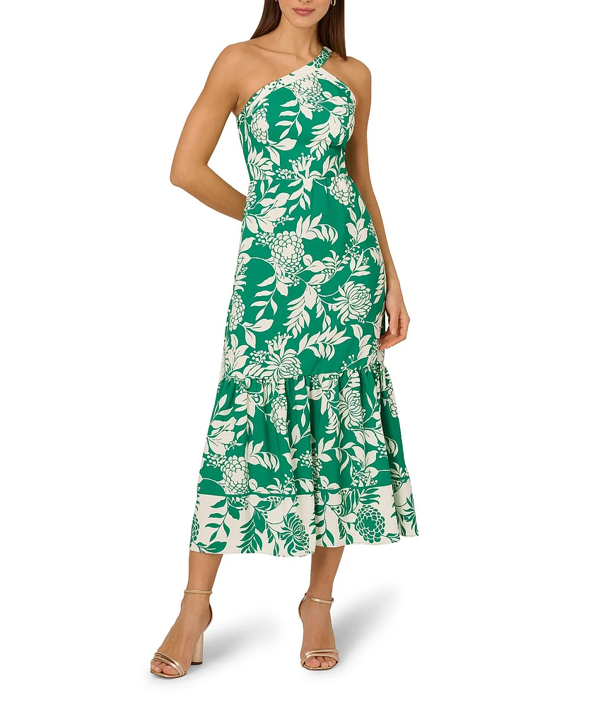 Adrianna by Adrianna Papell Knit Floral Print One-Shoulder Neck Sleeveless Fit and Flare Midi Dress