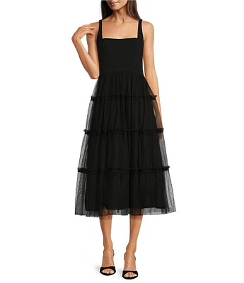 Adrianna by Adrianna Papell Knit Mesh Square Neck Sleeveless Tiered Ruffle Midi Dress