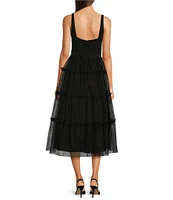 Adrianna by Adrianna Papell Knit Mesh Square Neck Sleeveless Tiered Ruffle Midi Dress