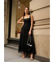 Adrianna by Adrianna Papell Knit Mesh Square Neck Sleeveless Tiered Ruffle Midi Dress