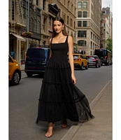 Adrianna by Adrianna Papell Knit Mesh Square Neck Sleeveless Tiered Ruffle Midi Dress