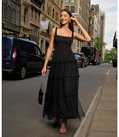 Adrianna by Adrianna Papell Knit Mesh Square Neck Sleeveless Tiered Ruffle Midi Dress