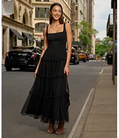Adrianna by Adrianna Papell Knit Mesh Square Neck Sleeveless Tiered Ruffle Midi Dress
