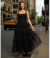 Adrianna by Adrianna Papell Knit Mesh Square Neck Sleeveless Tiered Ruffle Midi Dress