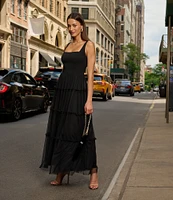 Adrianna by Adrianna Papell Knit Mesh Square Neck Sleeveless Tiered Ruffle Midi Dress