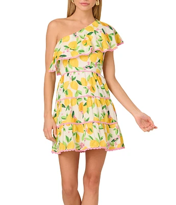 Adrianna by Adrianna Papell Lemon Fruit Print One-Shoulder Neck Sleeveless A-Line Mini Dress