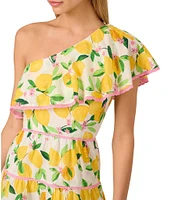 Adrianna by Adrianna Papell Lemon Fruit Print One-Shoulder Neck Sleeveless A-Line Mini Dress
