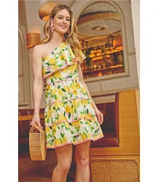 Adrianna by Adrianna Papell Lemon Fruit Print One-Shoulder Neck Sleeveless A-Line Mini Dress