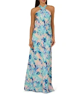 Adrianna by Adrianna Papell Printed Satin Halter Neck Column Dress