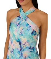 Adrianna by Adrianna Papell Printed Satin Halter Neck Column Dress