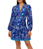 Adrianna by Adrianna Papell Printed Split V-Neck Long Blouson Sleeve Self Tie Belt A-Line Dress