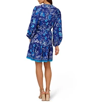 Adrianna by Adrianna Papell Printed Split V-Neck Long Blouson Sleeve Self Tie Belt A-Line Dress