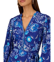 Adrianna by Adrianna Papell Printed Split V-Neck Long Blouson Sleeve Self Tie Belt A-Line Dress