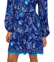 Adrianna by Adrianna Papell Printed Split V-Neck Long Blouson Sleeve Self Tie Belt A-Line Dress