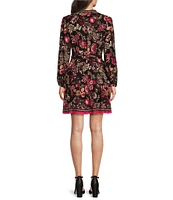 Adrianna by Adrianna Papell Printed Split V-Neck Long Blouson Sleeve Self Tie Belt A-Line Dress