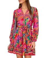 Adrianna by Adrianna Papell Abstract Printed Surplice V-Neck Long Sleeve Dress