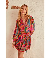 Adrianna by Adrianna Papell Abstract Printed Surplice V-Neck Long Sleeve Dress