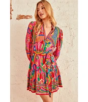 Adrianna by Adrianna Papell Abstract Printed Surplice V-Neck Long Sleeve Dress