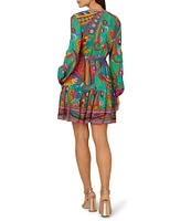 Adrianna by Adrianna Papell Abstract Printed Surplice V-Neck Long Sleeve Dress