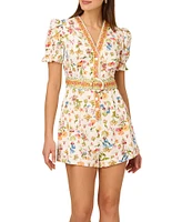 Adrianna by Adrianna Papell Puff Sleeve Floral Print Belted Cotton Romper