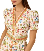 Adrianna by Adrianna Papell Puff Sleeve Floral Print Belted Cotton Romper