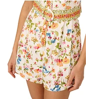 Adrianna by Adrianna Papell Puff Sleeve Floral Print Belted Cotton Romper
