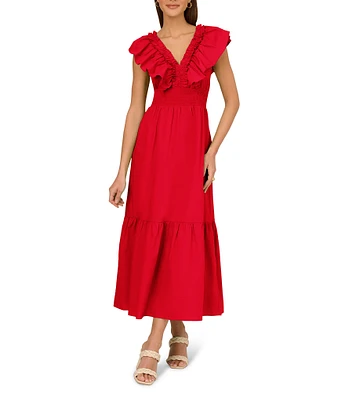 Adrianna by Adrianna Papell Ruffle V-Neck Smocked Waist Sleeveless Midi Dress