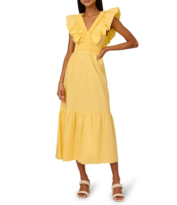 Adrianna by Adrianna Papell Ruffle V-Neck Smocked Waist Sleeveless Midi Dress